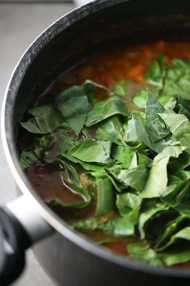 lentil-soup adding collard greens