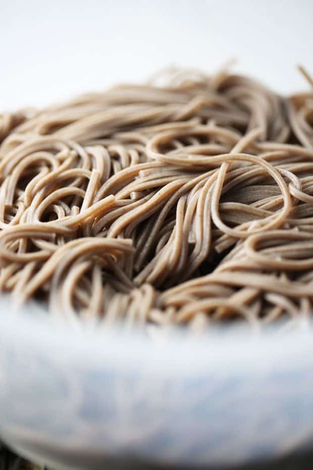 Soba noodles rinsed under cold water