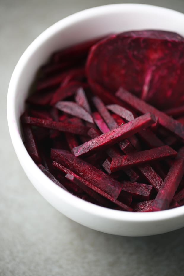 Beet soup cut beets into strips