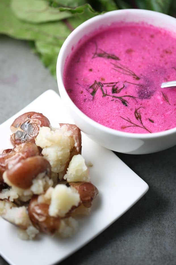 Beet soup served with pan fried potatoes