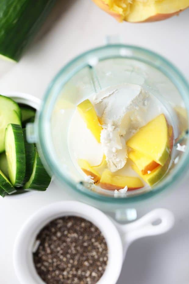 Cucumber mango smoothie prep