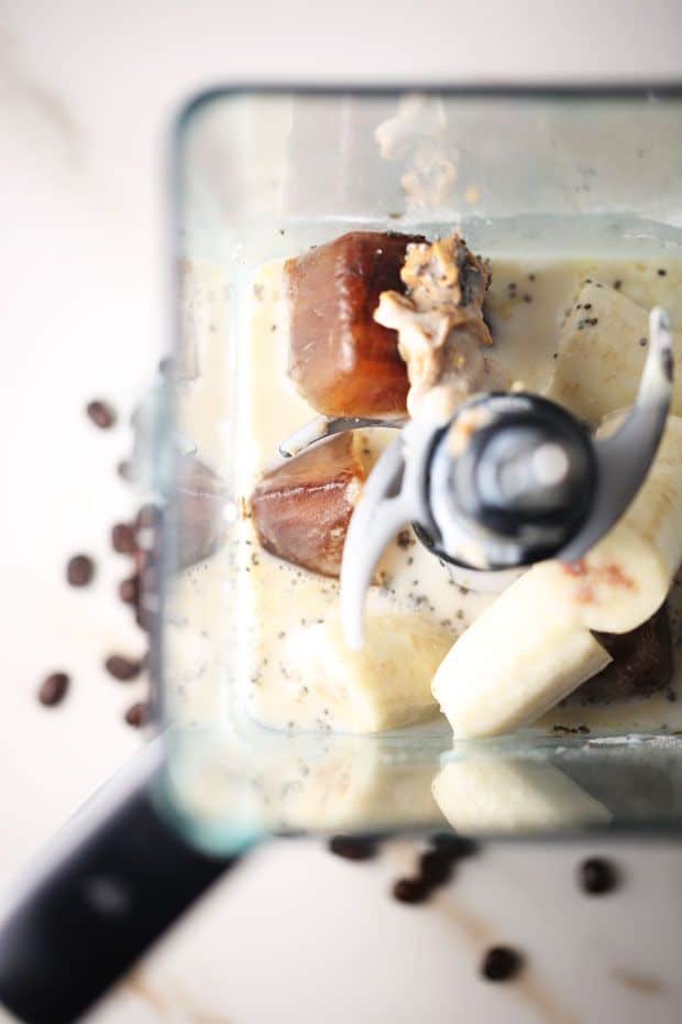 Coffee banana smoothie blending ingredients