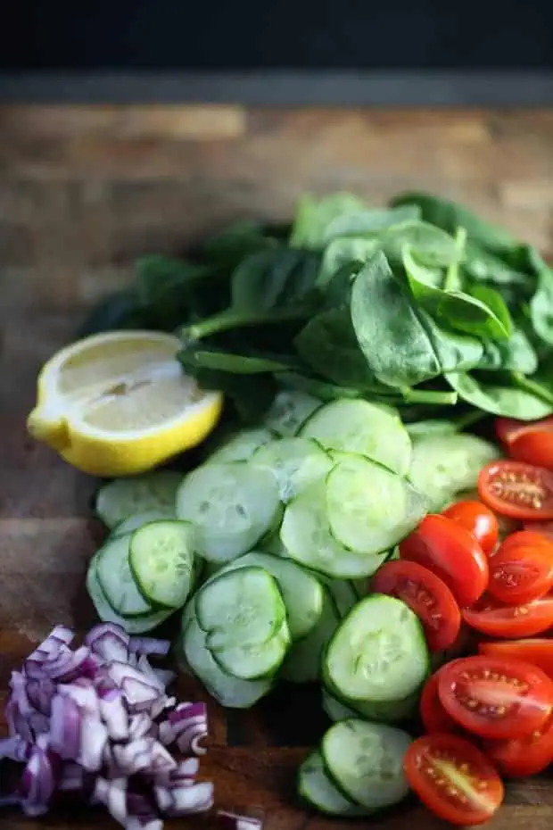 Spinach Cucumber tomato Salad - chopped veggies ready